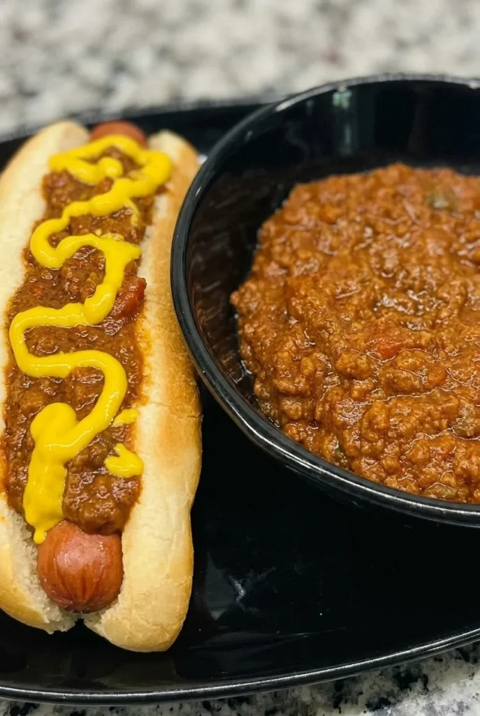 Bowl of thick beef chili beside a chili dog topped with zigzagged yellow mustard