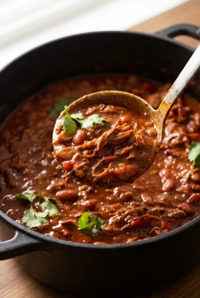 A ladle lifts shredded beef chili with whole pinto beans and cilantro from a dark pot.