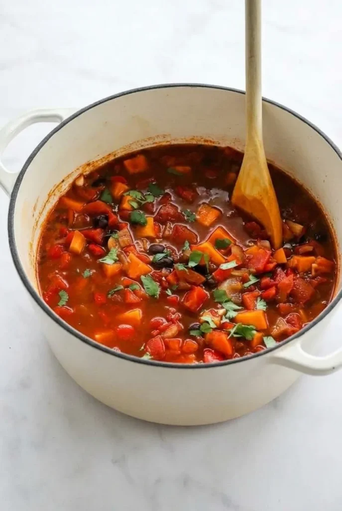 Black bean chili with sweet potato cubes and cilantro in a light Dutch oven
