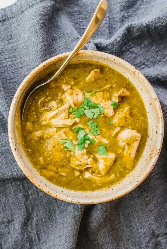 Full bowl of chicken chili verde with tender chicken pieces, thick green sauce, and cilantro