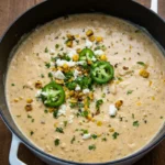Dutch oven of creamy sweet corn white chicken chili topped with charred corn, cotija, jalapeño, and cilantro