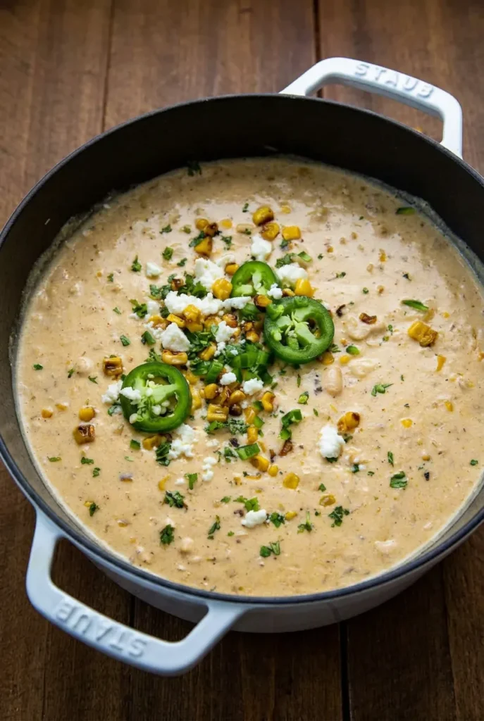 Dutch oven of creamy sweet corn white chicken chili topped with charred corn, cotija, jalapeño, and cilantro