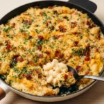 Skillet of bacon mac and cheese with a golden crumb topping and a lifted serving showing the creamy center