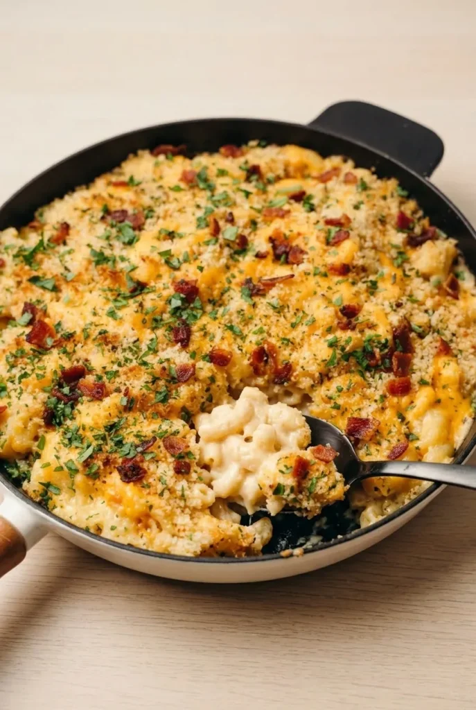Skillet of bacon mac and cheese with a golden crumb topping and a lifted serving showing the creamy center
