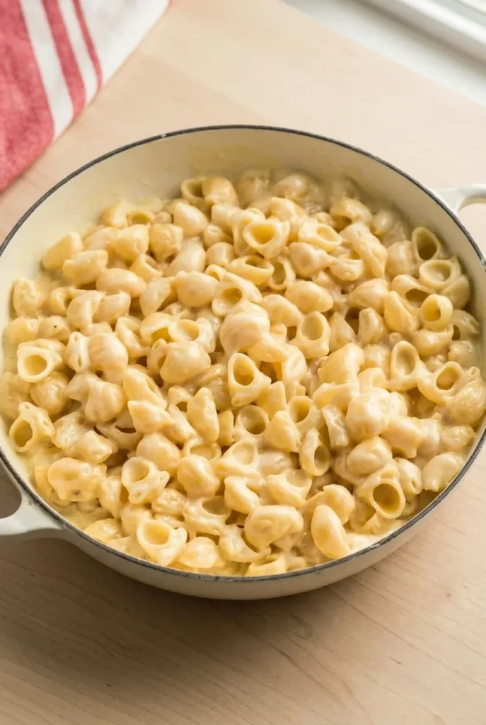 Cream-colored pot of Panera-style mac and cheese with hollow pasta coated in pale cheddar sauce
