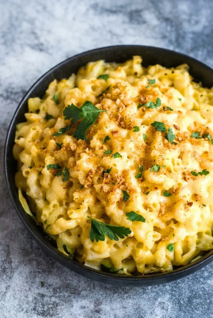 Chick-fil-A-style mac and cheese in a round black dish with browned cheddar, sparse crumbs, and parsley