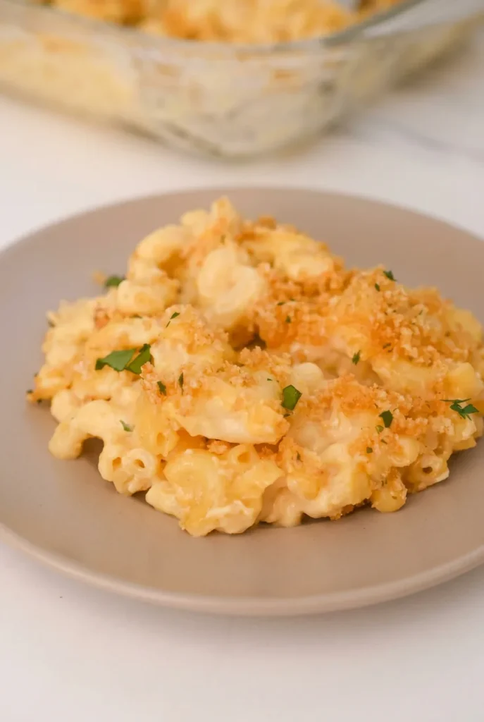 Loose scoop of baked Velveeta mac and cheese with golden crumbs and parsley on a warm beige plate