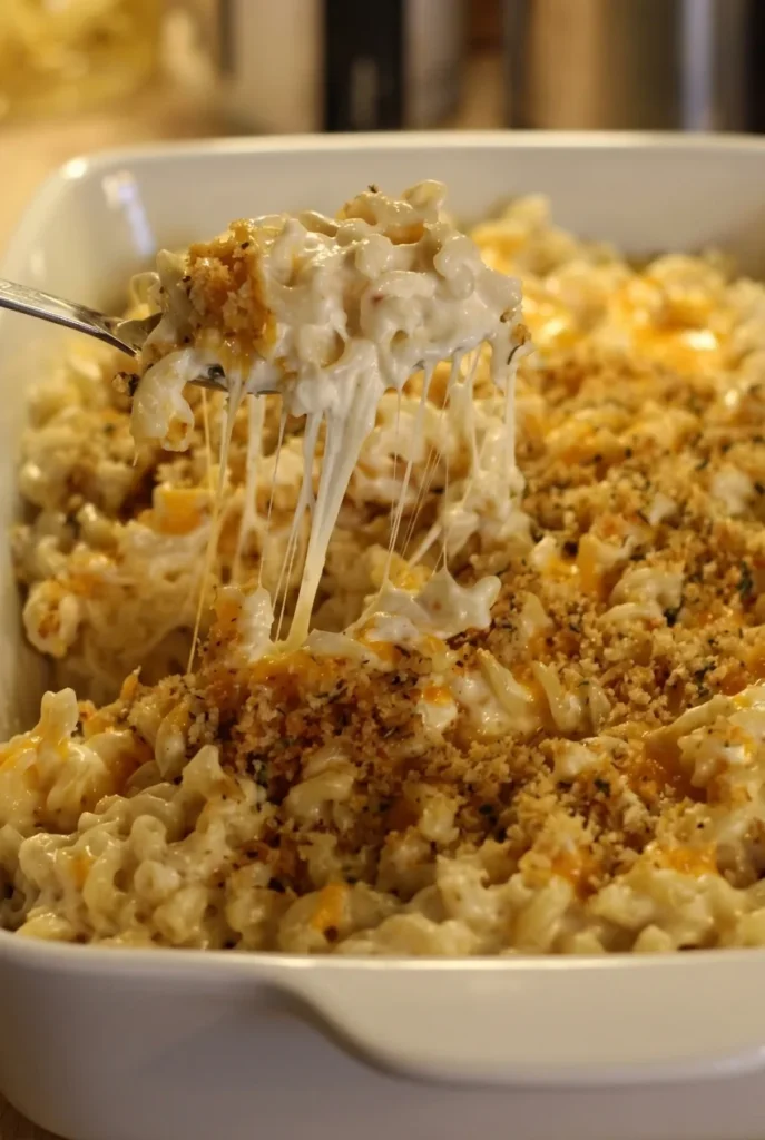 Million Dollar Mac and Cheese in a white baking dish, with golden crumbs and a lifted, cheese-stretching spoonful