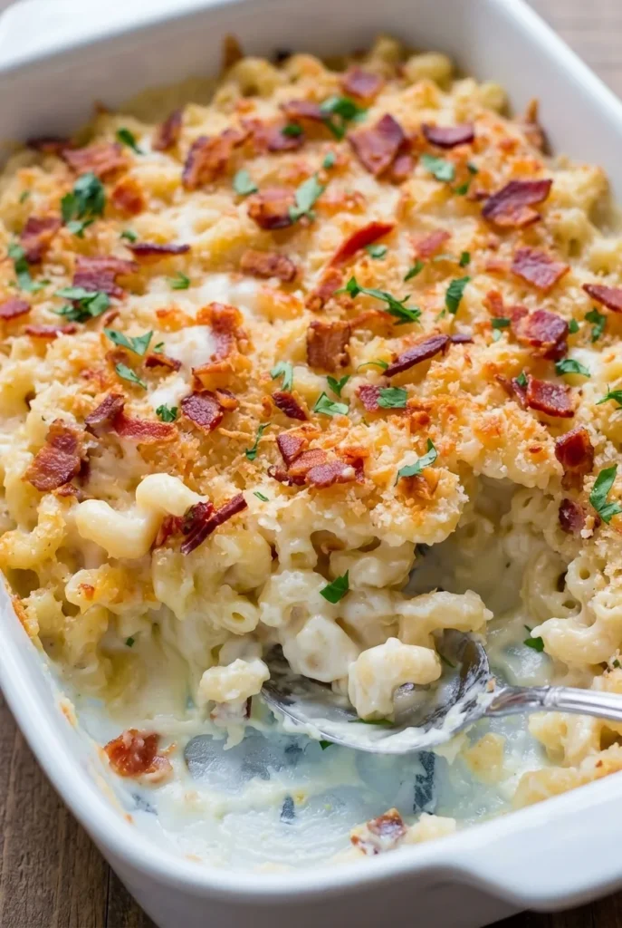 Spoon lifting creamy five cheese mac and cheese beneath golden panko, bacon, and parsley