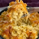 Old-fashioned soul food mac and cheese in a black skillet, with a creamy scoop lifted through its golden crust