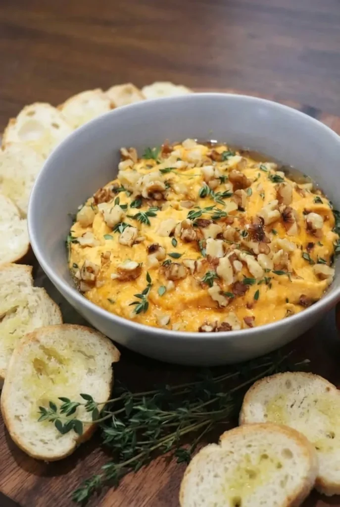 Pumpkin whipped feta dip topped with walnuts and thyme in a gray bowl, with sliced baguette alongside