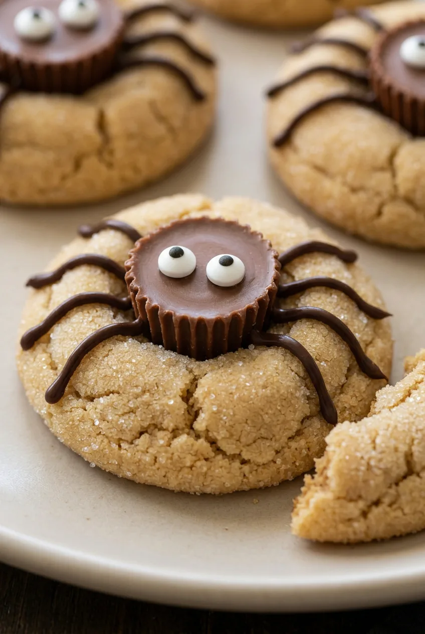 Close view of a peanut butter spider cookie showing its crackled sugared surface, candy cup body, eyes, and chocolate legs.