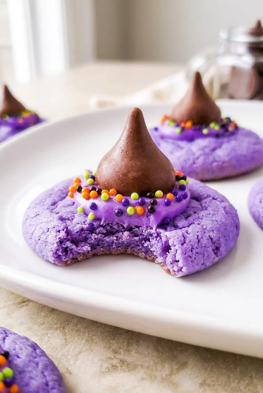Close view of a soft crackled purple Witch Hat Cookie with purple frosting, Halloween sprinkles, and a chocolate kiss.