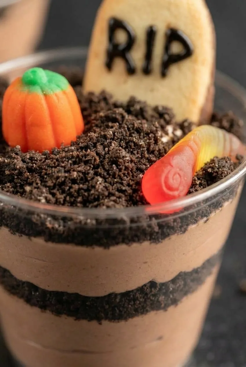 Close view of cookie crumb dirt and fluffy chocolate pudding layers in a Halloween graveyard pudding cup