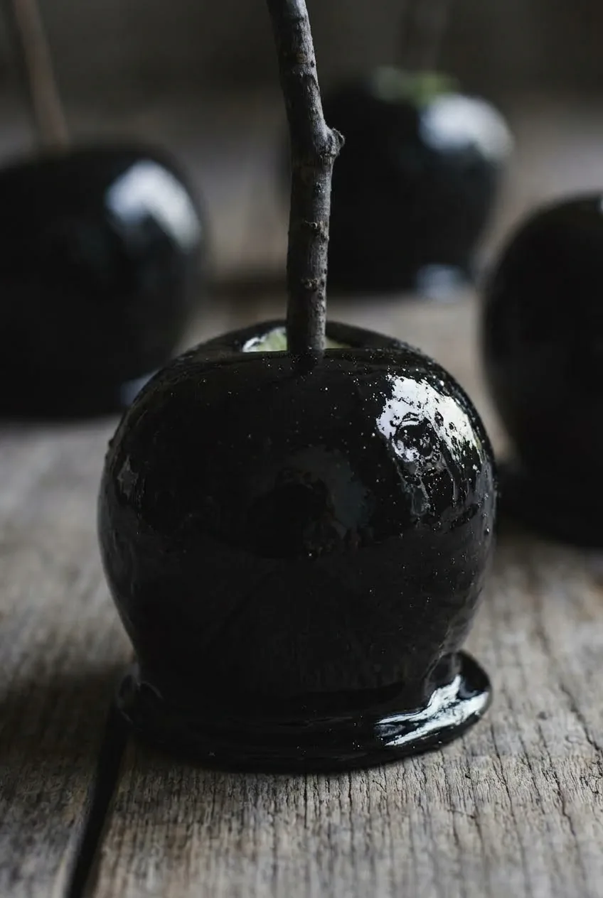 Close view of a black poison candy apple showing its glassy hard shell, tiny bubbles, and hardened candy foot.