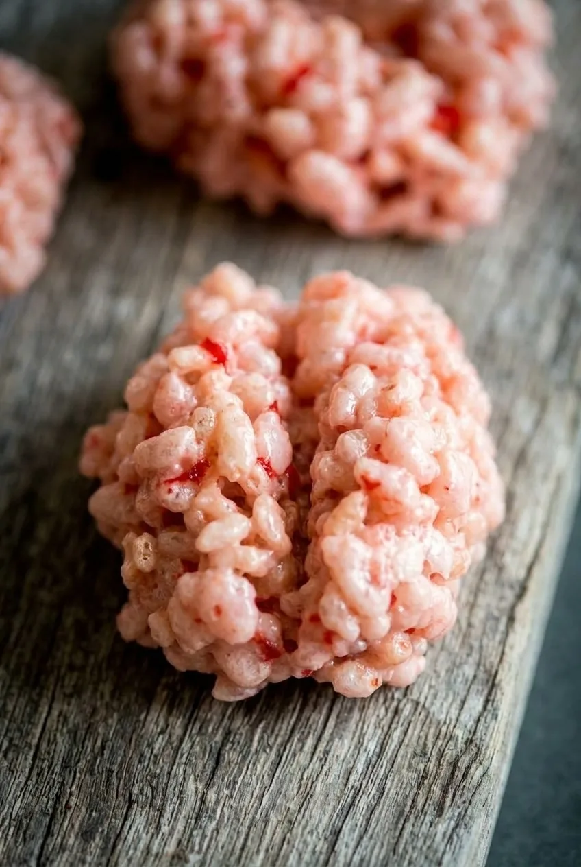 Close view of a pink brain-shaped Rice Krispie treat showing glossy puffed rice, red flecks, and a deep center groove.