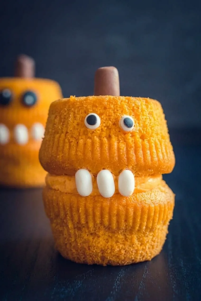 Close view of a pumpkin monster cupcake showing ridged orange cake, thick buttercream mouth, and white candy teeth