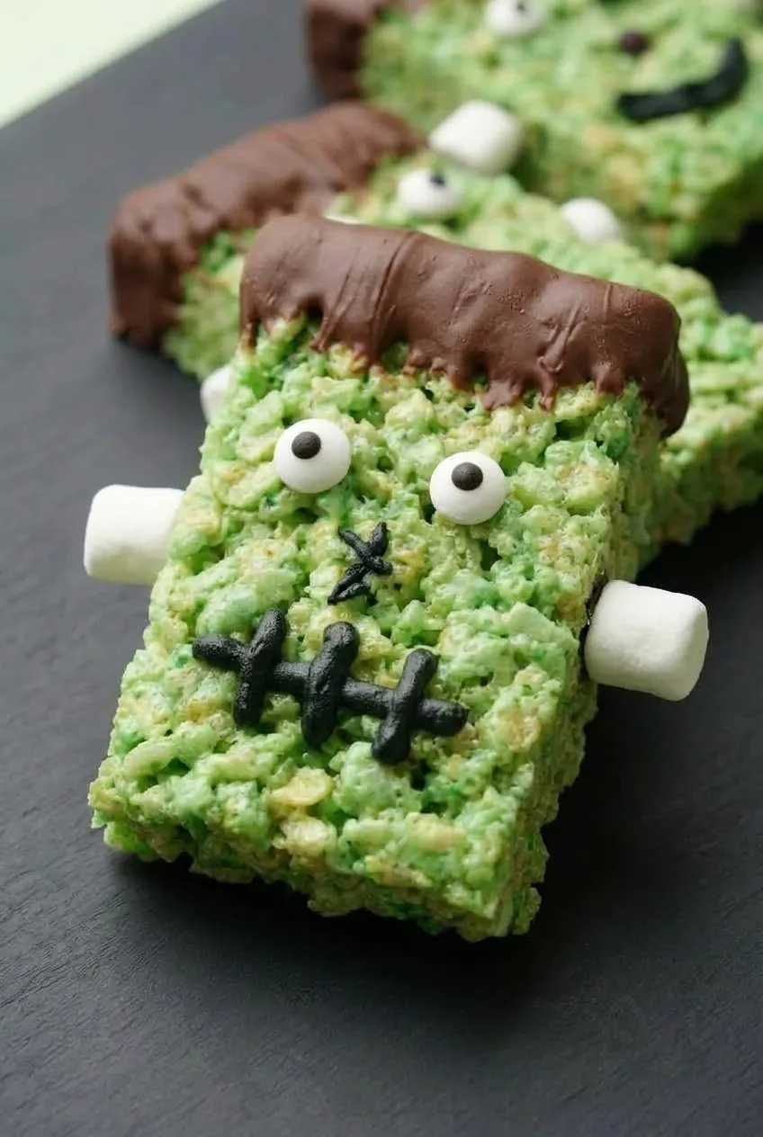 Close view of a green Frankenstein Rice Krispie Treat showing crisp rice texture, chocolate hair, candy eyes, and a marshmallow bolt