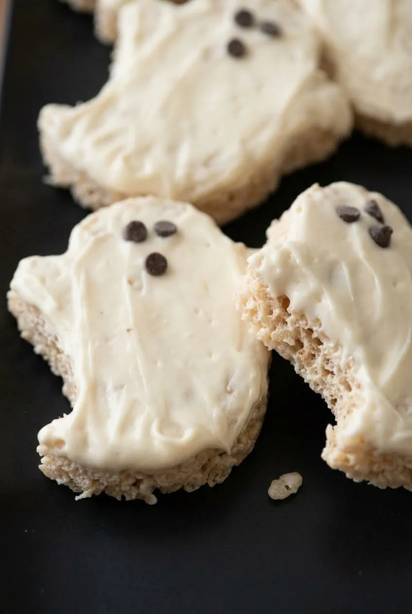 Close view of a ghost Rice Krispie treat showing chewy cereal edges beneath textured white coating
