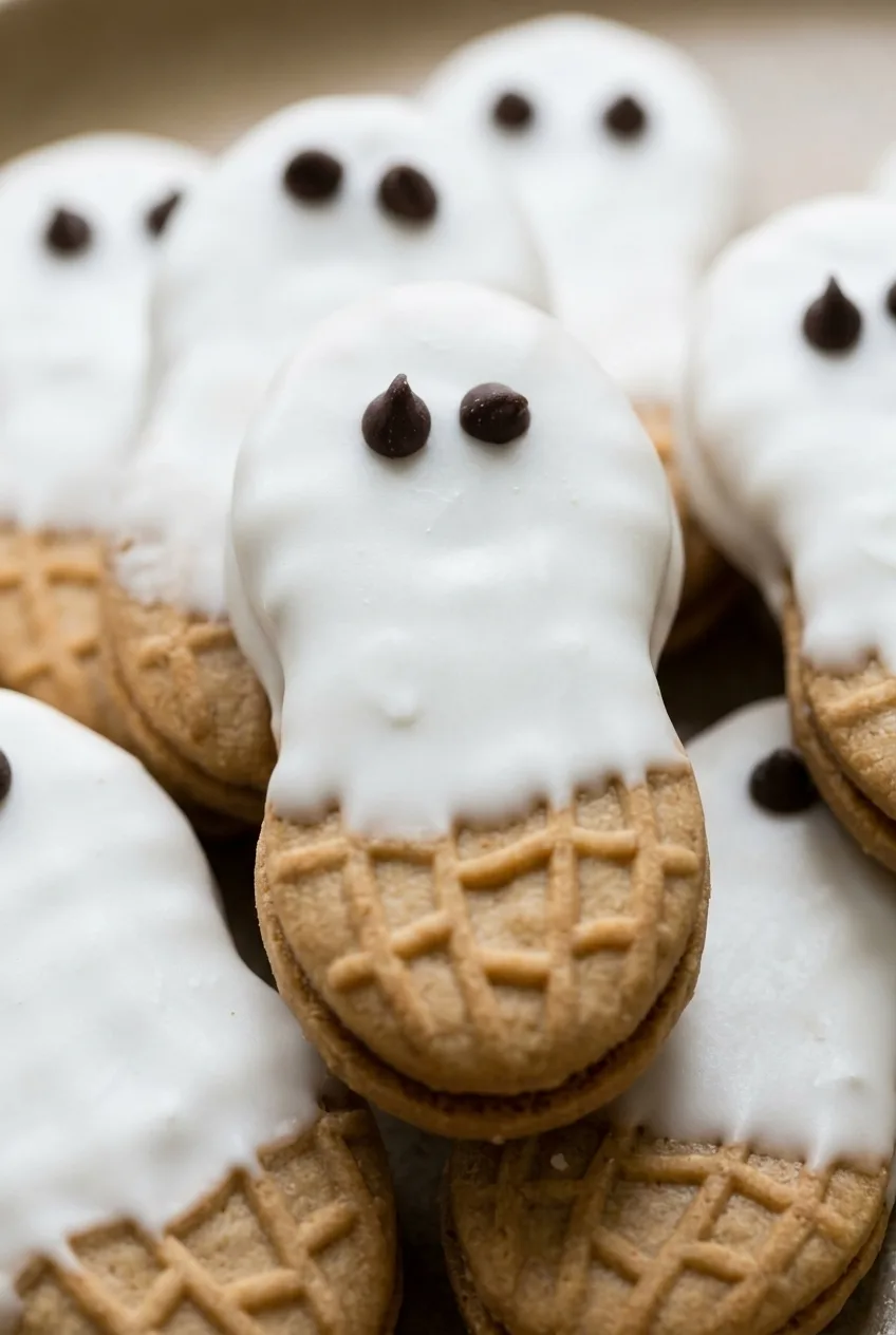 Close detail of a Nutter Butter ghost cookie showing smooth white coating, chocolate-chip eyes, and embossed cookie base