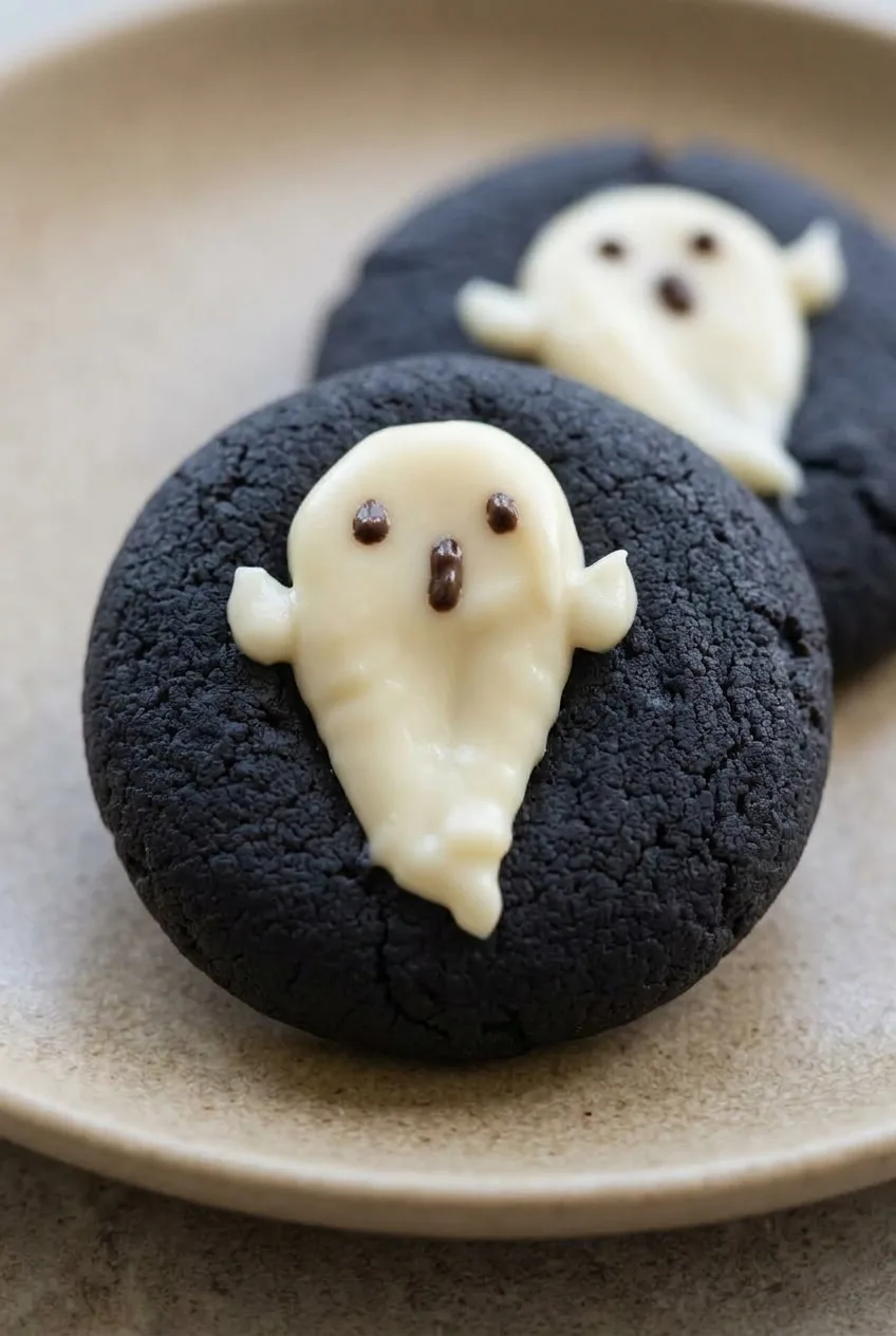 Close view of a dark cocoa thumbprint cookie with a raised white chocolate ghost and tiny dark eyes