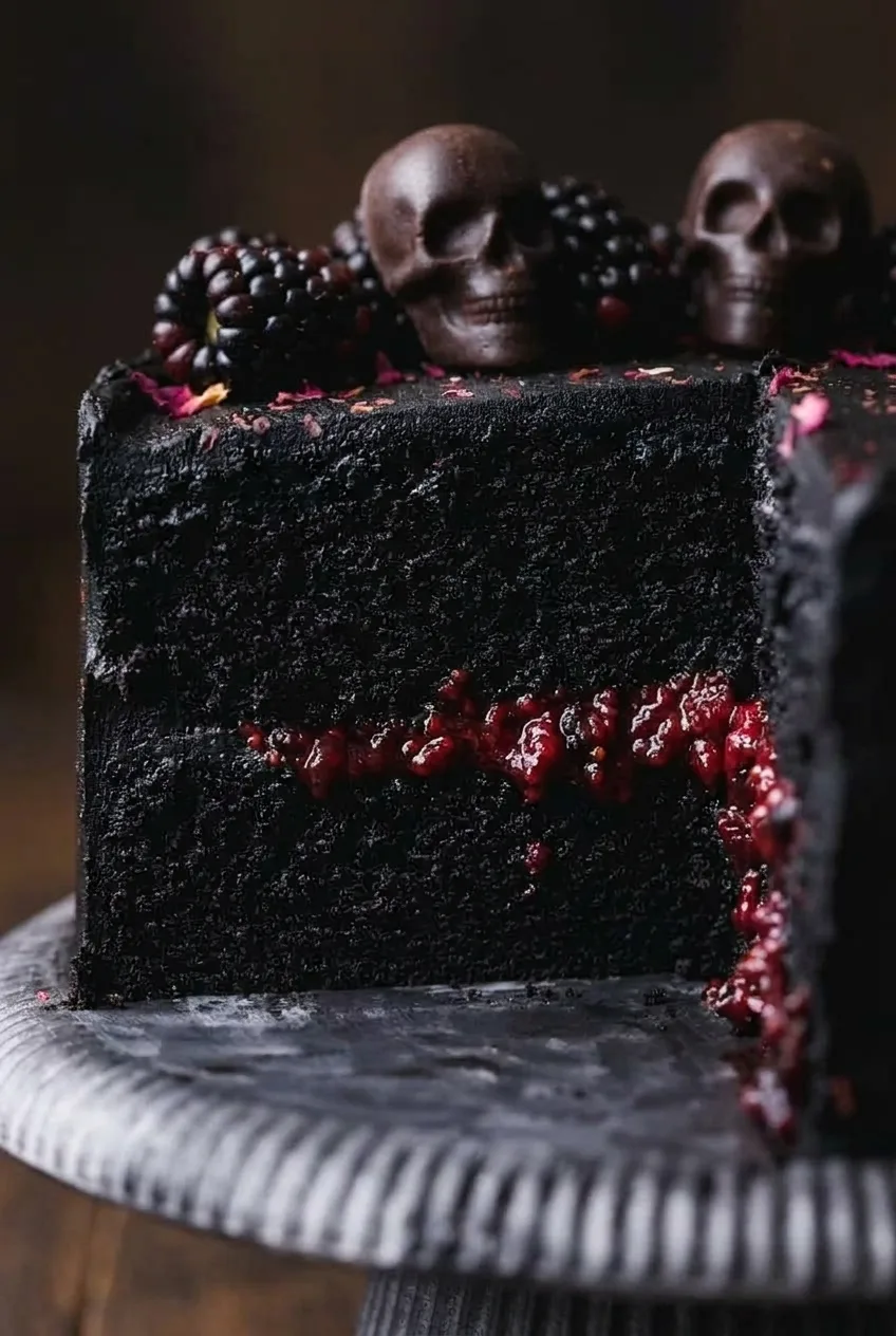 Close view of Black Velvet Halloween Cake showing moist black crumb and glossy blackberry filling.