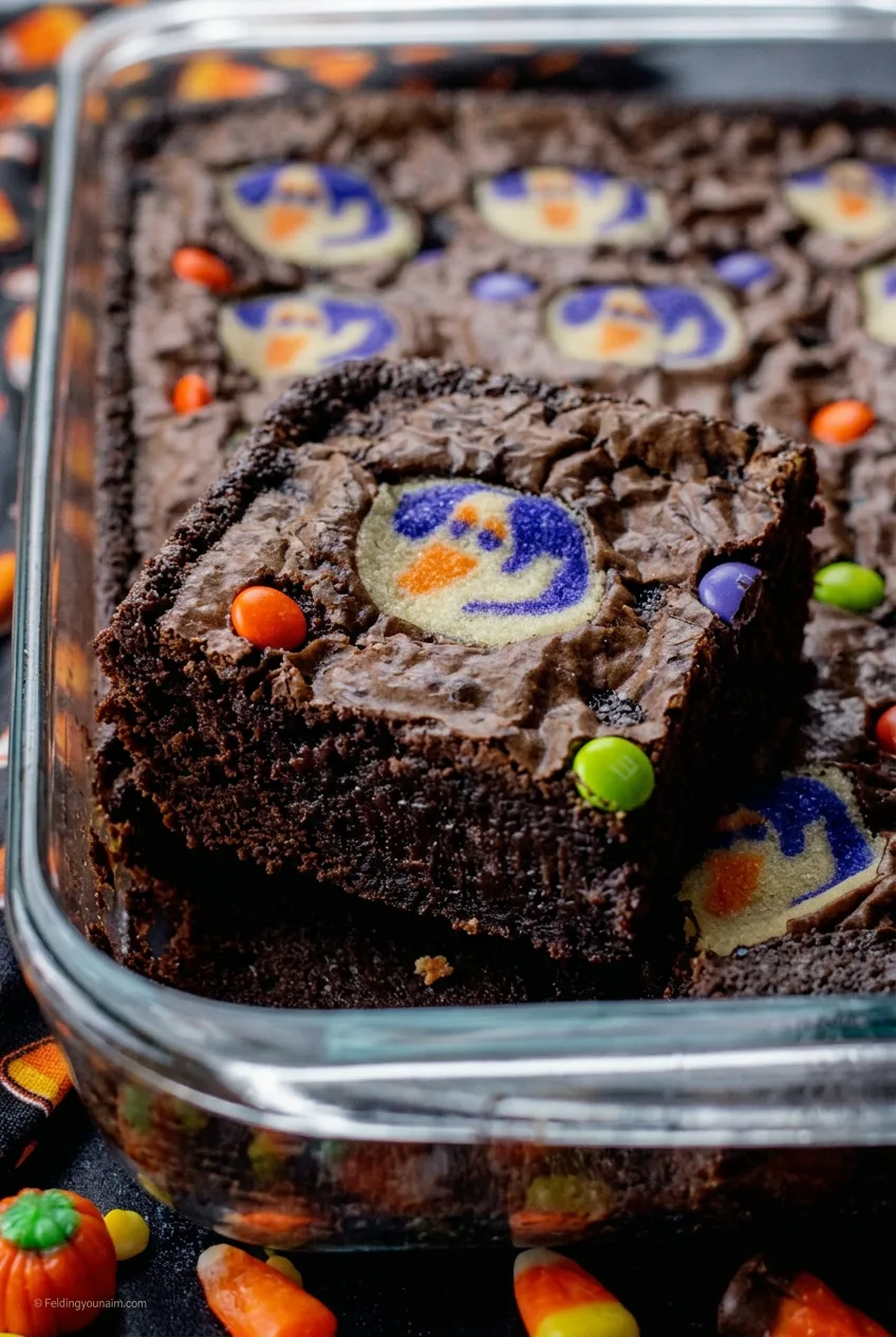 Close view of a sliced Halloween brookie showing fudgy brownie texture beneath a ghost cookie topping.