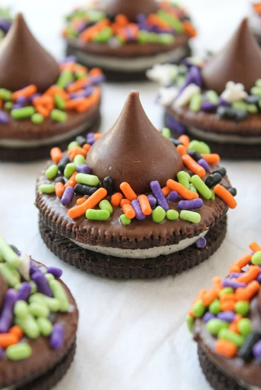 Close detail of a witch hat Oreo showing the ridged cookie edge, white creme layer, chocolate coating, and sprinkles.