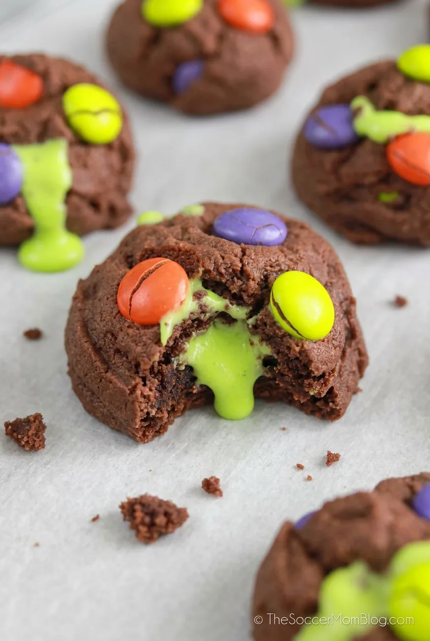 Close view of a cracked chocolate Halloween cookie with candy-coated chocolates and bright green frosting inside.
