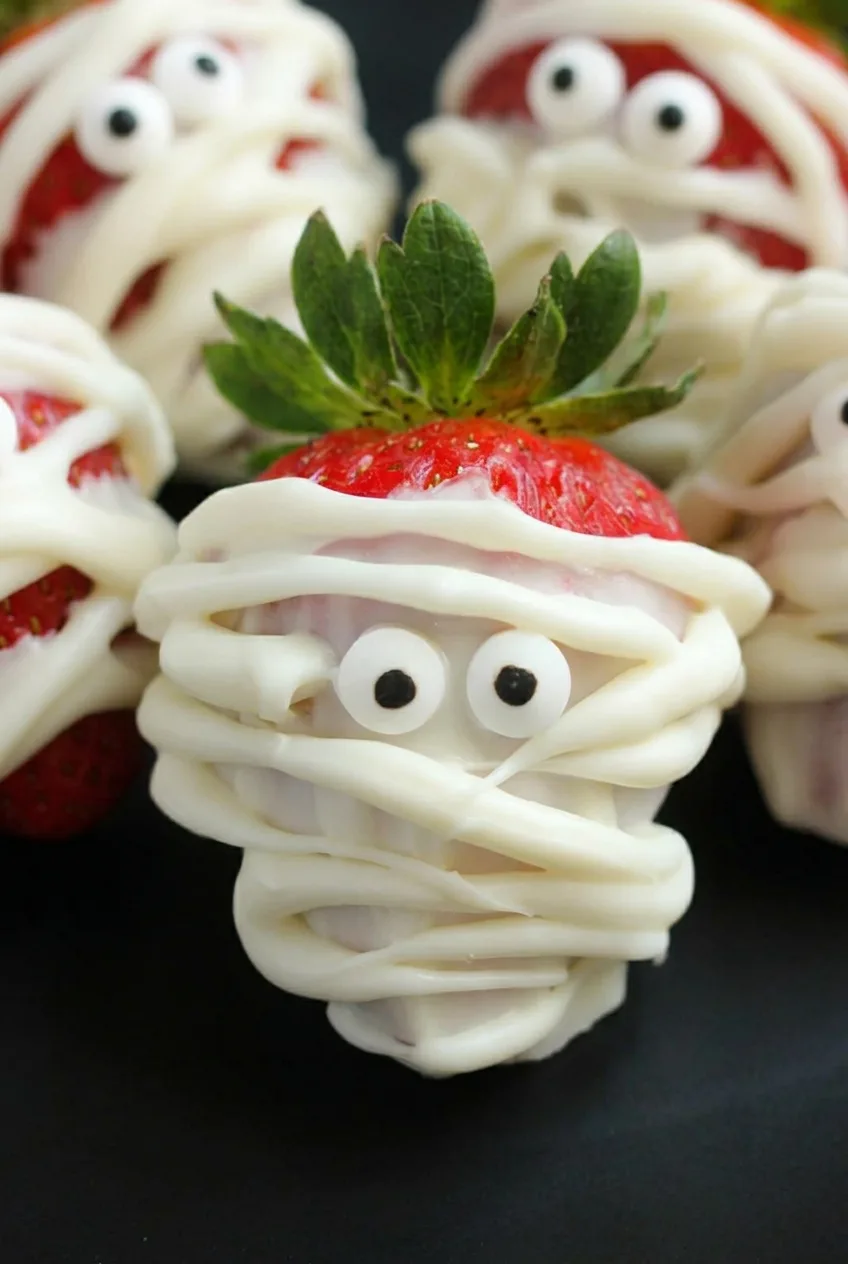 Close view of a mummy strawberry with raised white candy coating bands and candy eyes