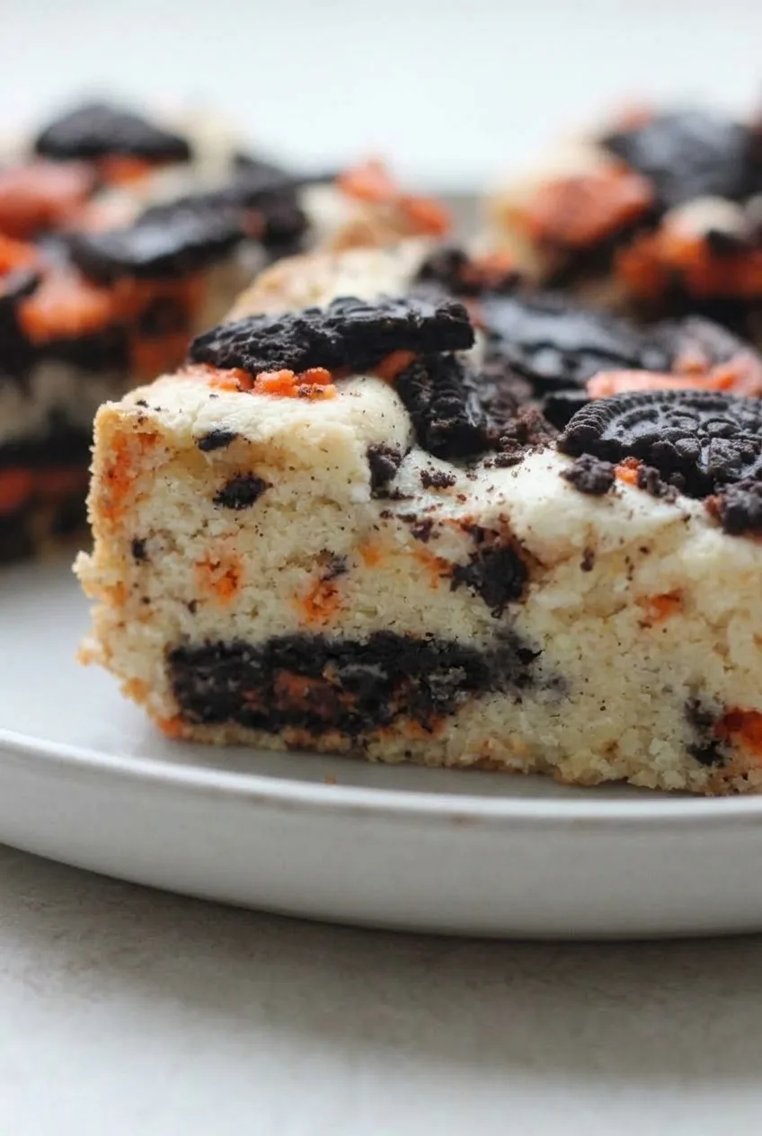 Close view of a cut Halloween Oreo cake bar showing moist pale crumb, embedded Oreo chunks, and orange sprinkles.