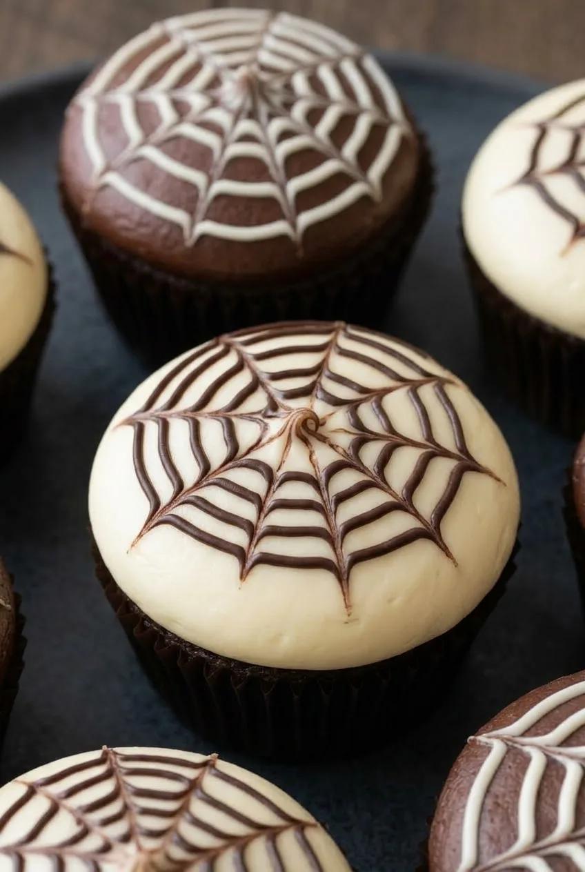 Close view of ivory and chocolate spiderweb cupcakes showing thin dragged chocolate web lines