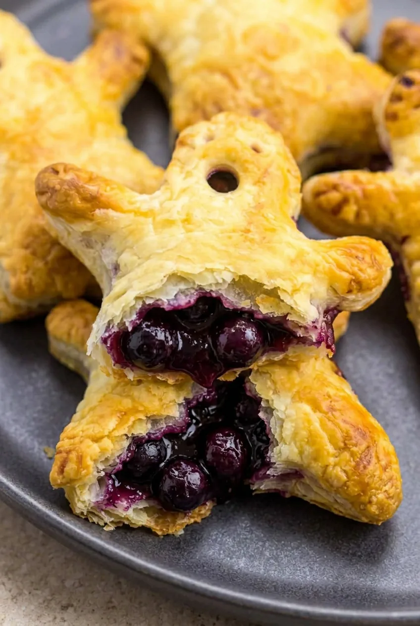Close view of a broken-open Boo Berry Ghost showing flaky puff-pastry layers and thick dark blueberry filling.