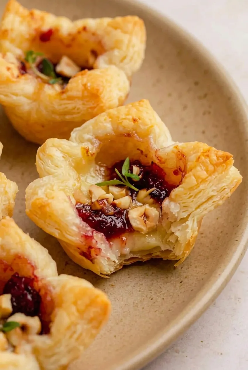 Close view of a cranberry Brie bite showing flaky puff pastry layers, soft Brie, ruby cranberry sauce, and hazelnuts.
