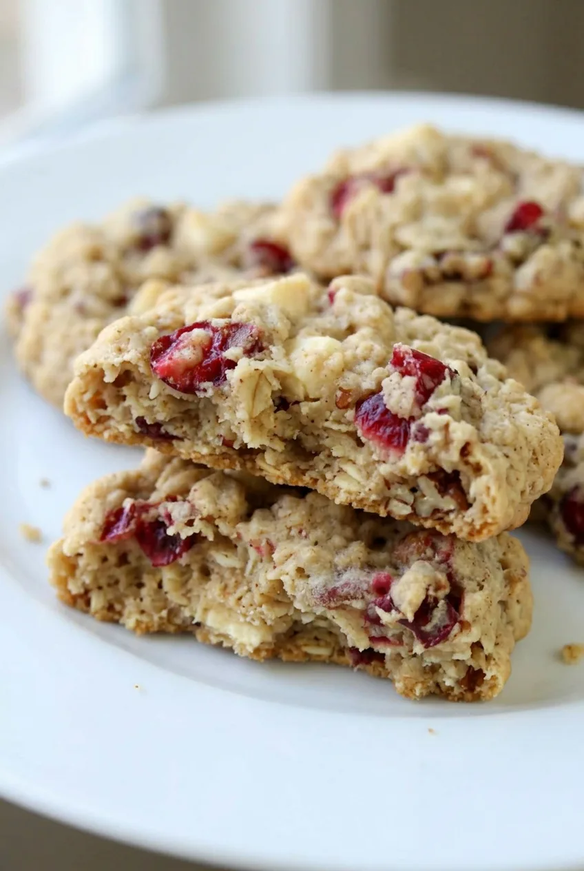 Broken cranberry oatmeal cookie showing its soft oat-filled center with white chocolate, pecans, and cranberry pieces.
