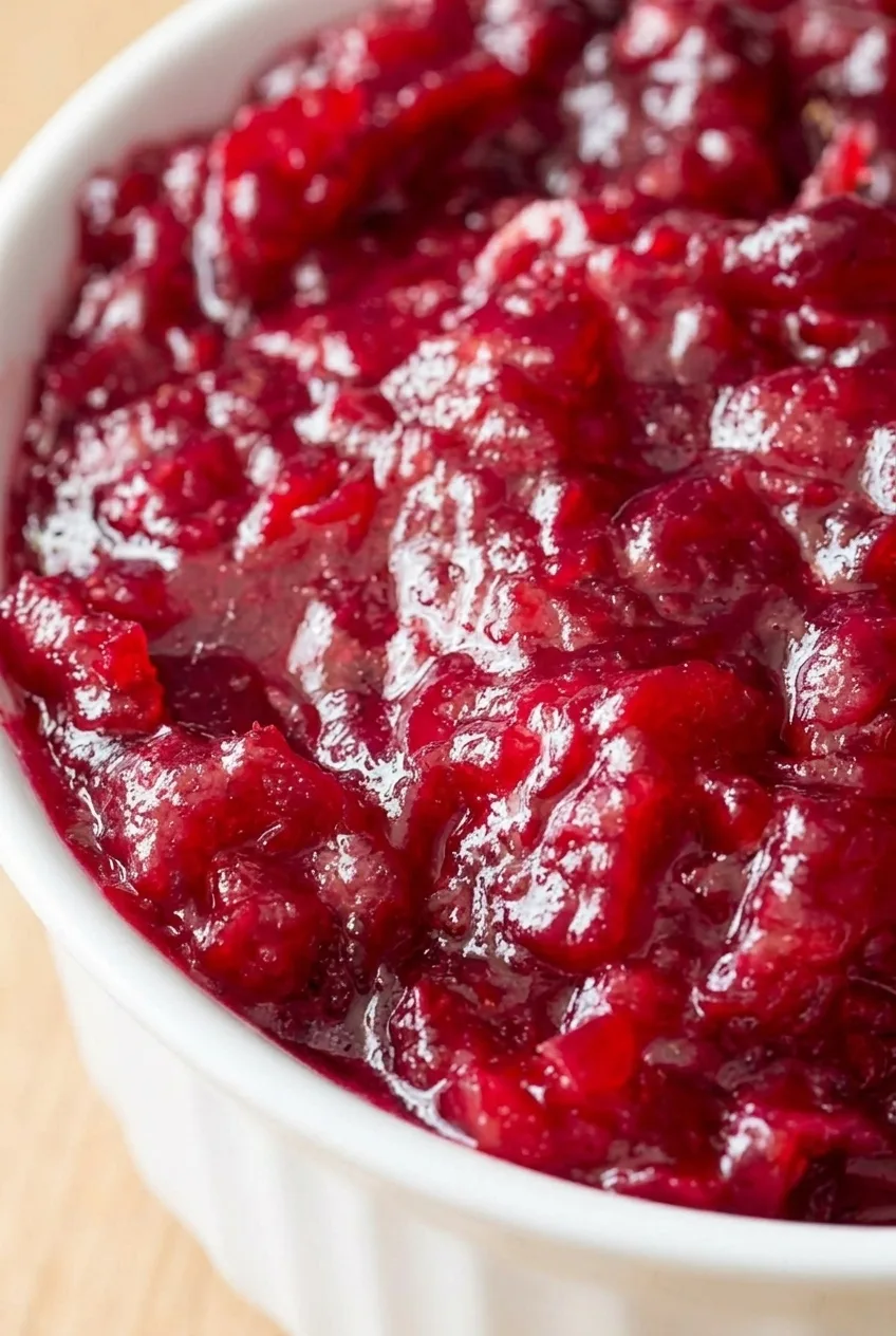 Close-up of thick, glossy homemade cranberry sauce showing soft burst cranberry pieces in ruby-red syrup.