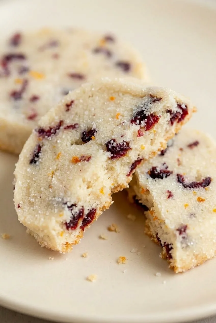 Close view of a broken cranberry orange shortbread cookie showing its tender crumb, sugar crystals, cranberries, and zest.