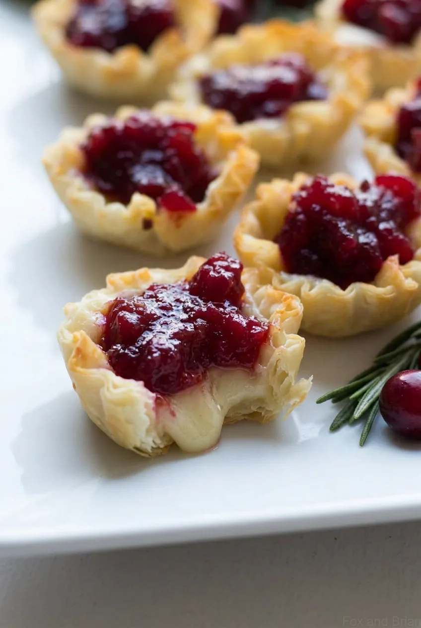 Close view of a fluted phyllo tart showing soft melted Brie beneath chunky glossy cranberry sauce.