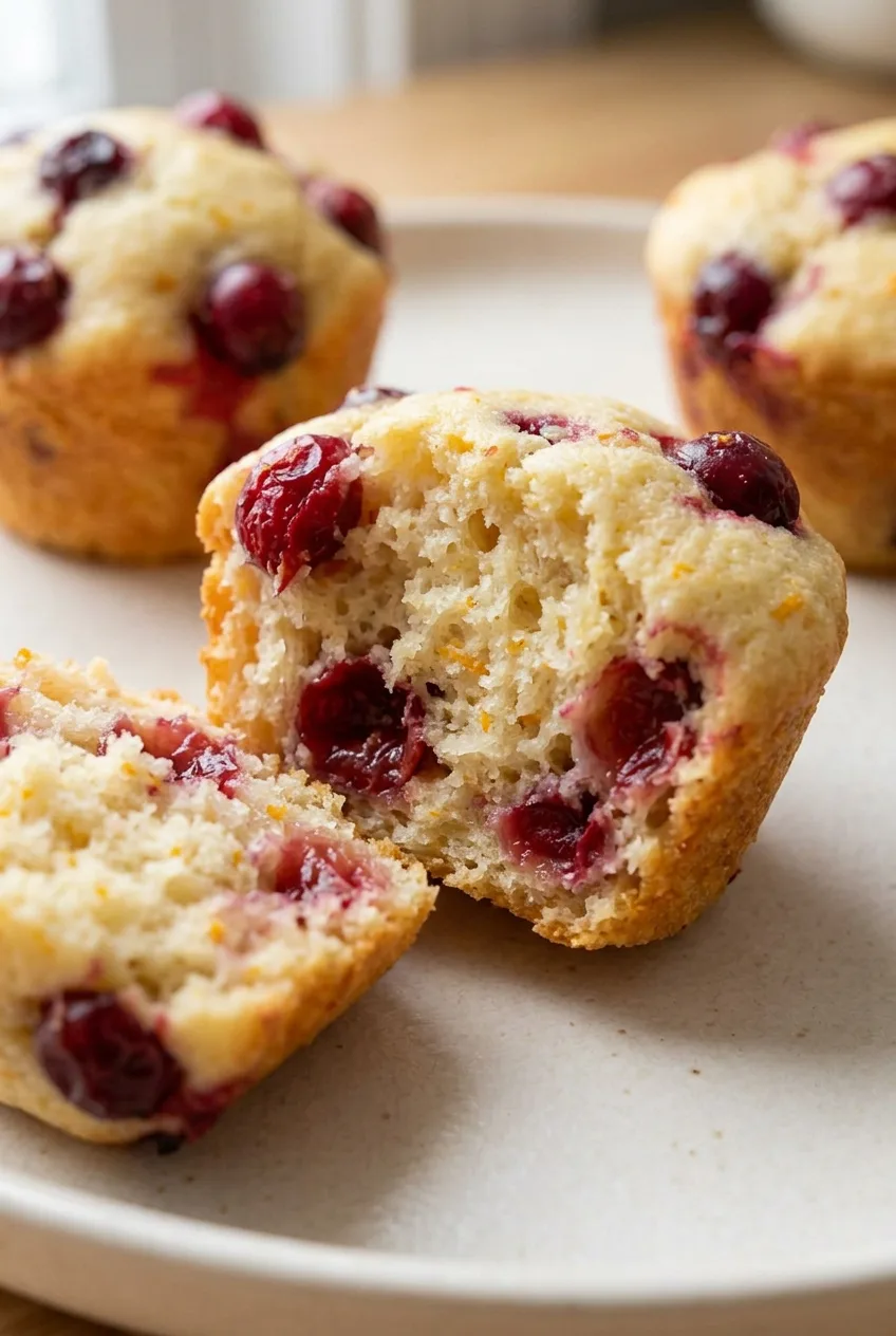 Broken cranberry orange muffin showing tender pale crumb, orange-zest flecks, and juicy whole cranberry pockets.