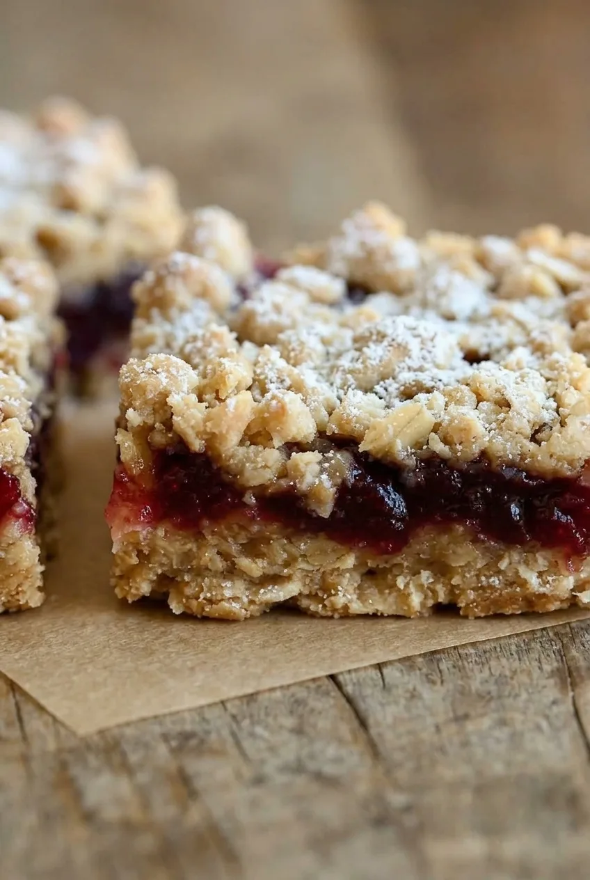 Close view of a cranberry crumble bar showing the thick jammy cranberry layer and chunky oat topping