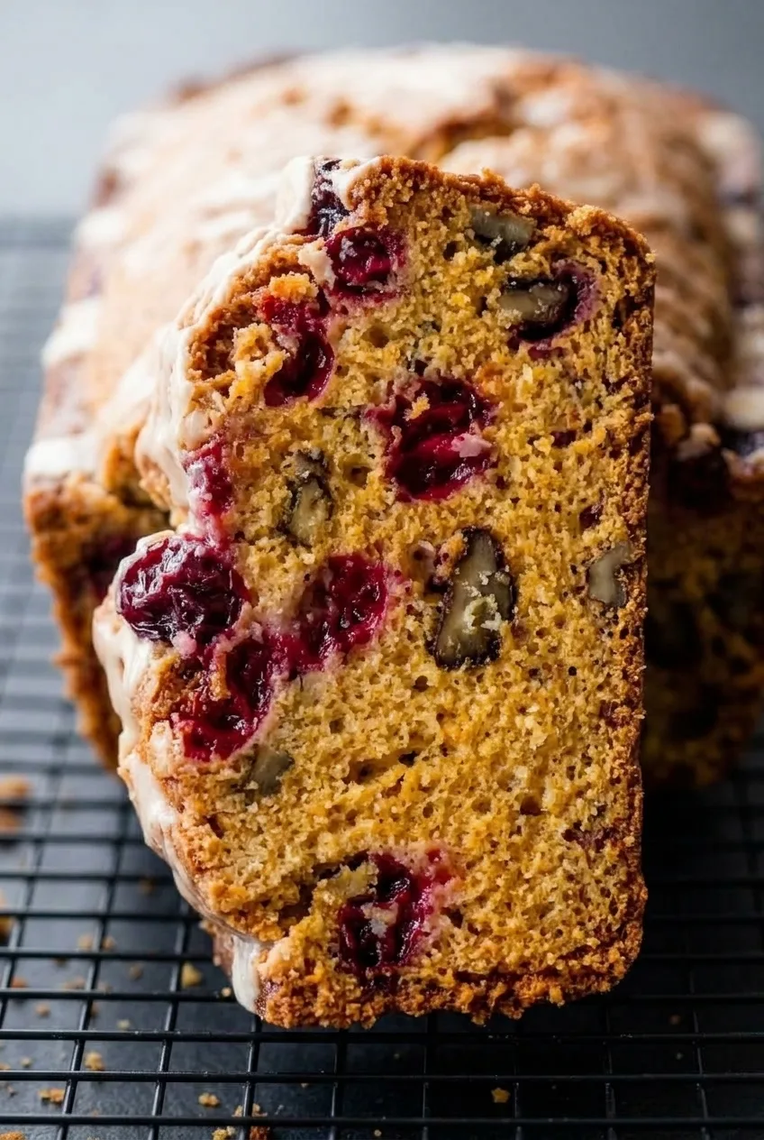 Close view of orange cranberry bread crumb with tart cranberry pieces, browned crust, and orange glaze