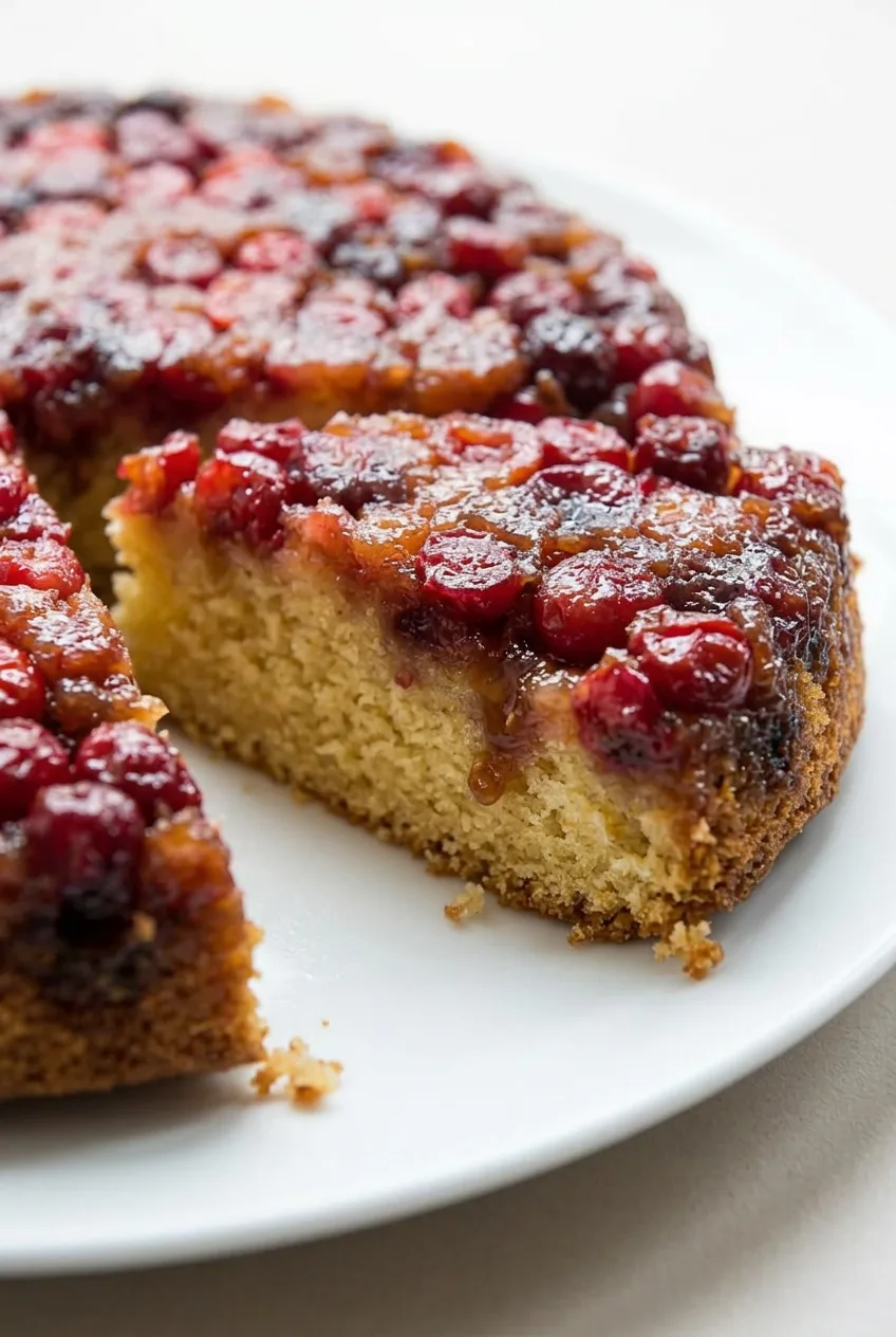 Close view of a cut cranberry upside-down cake wedge showing moist golden crumb and glossy berry topping