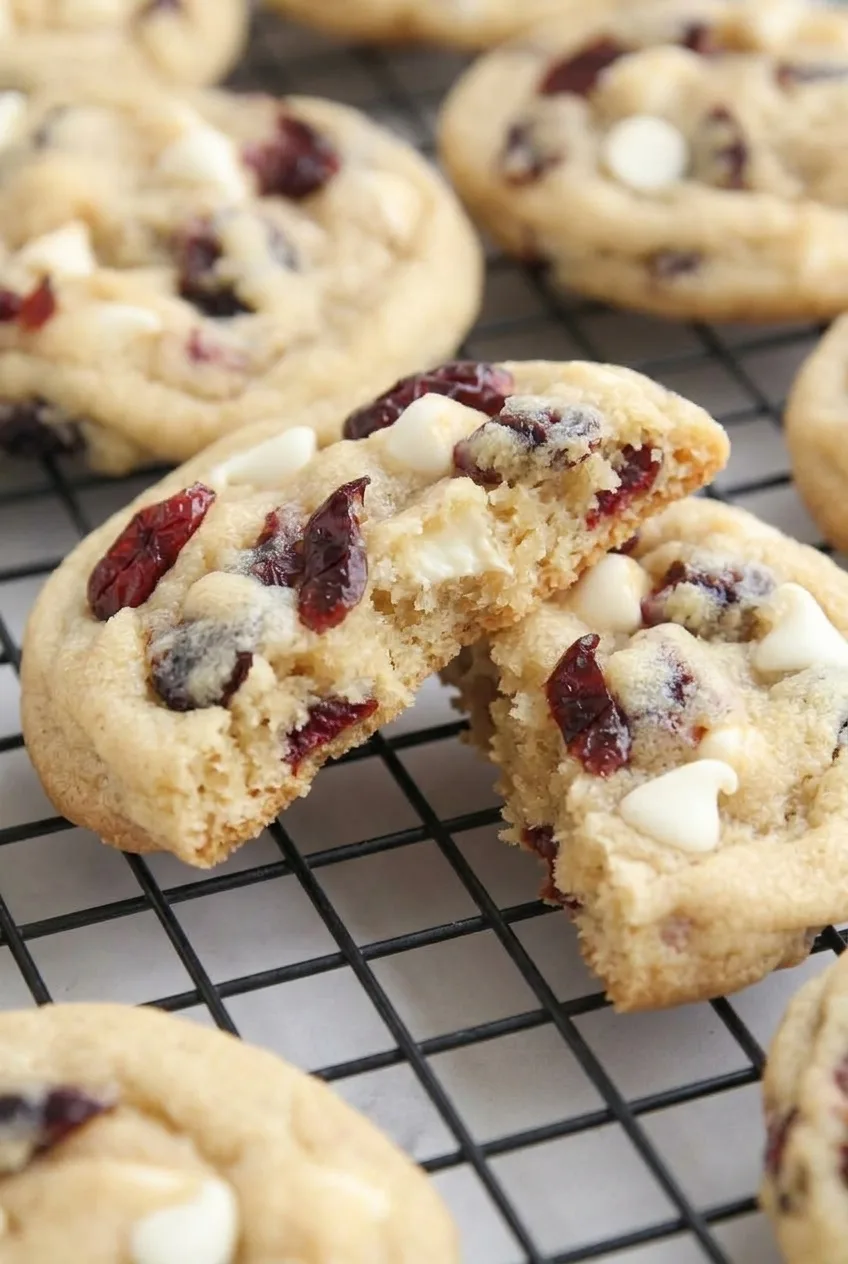Broken white chocolate cranberry cookie showing its soft crumb, melted white chips, and chewy dried cranberries.