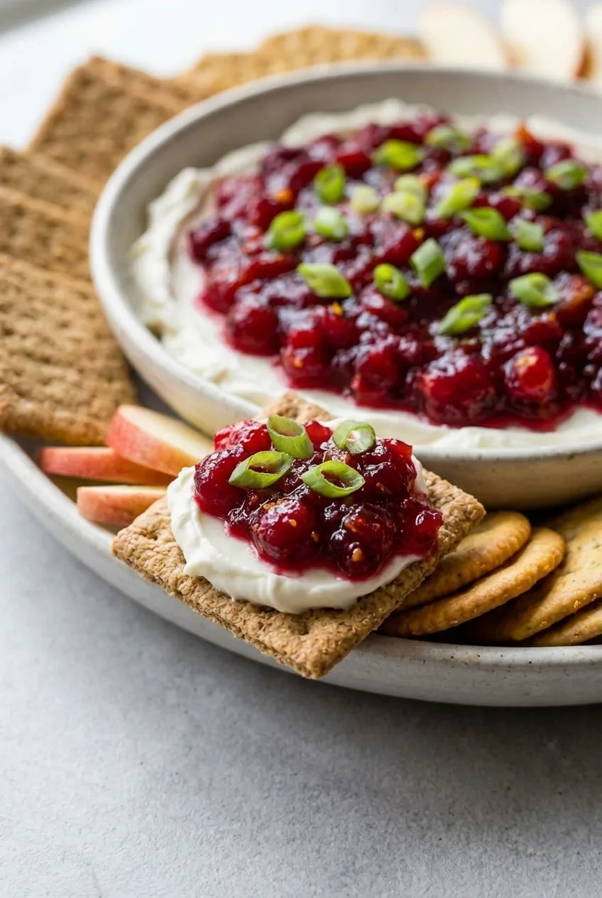Close view of a cracker topped with creamy white cheese and chunky cranberry sauce from cranberry cream cheese dip.