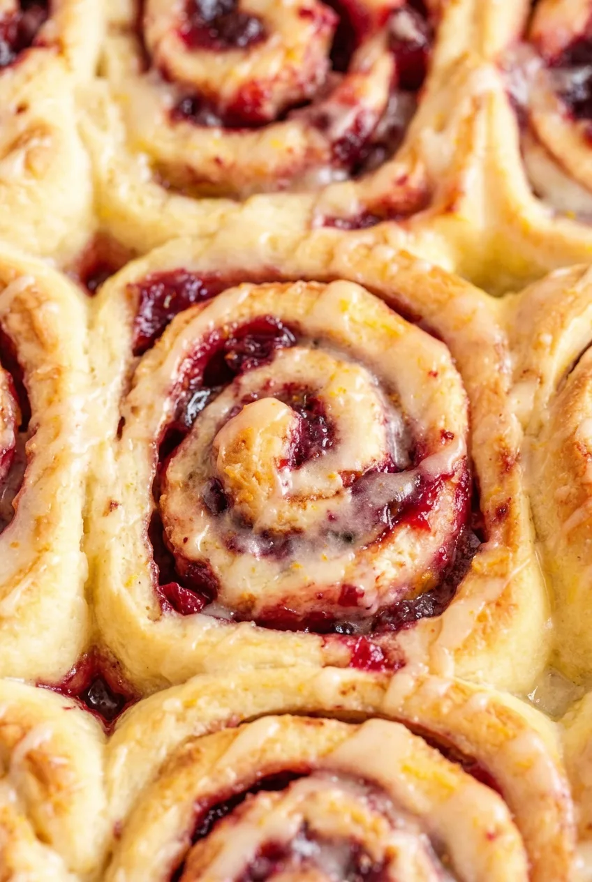 Close view of a golden cranberry orange sweet roll with chunky red cranberry filling and citrus glaze.