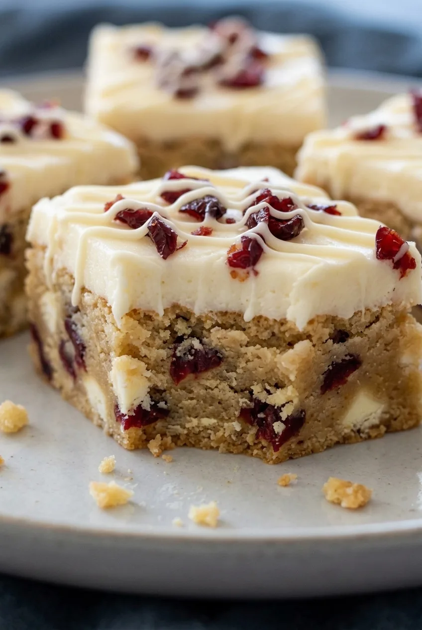 Close cross-section of a cranberry bliss bar showing chewy cranberry white chocolate blondie and thick cream cheese frosting.
