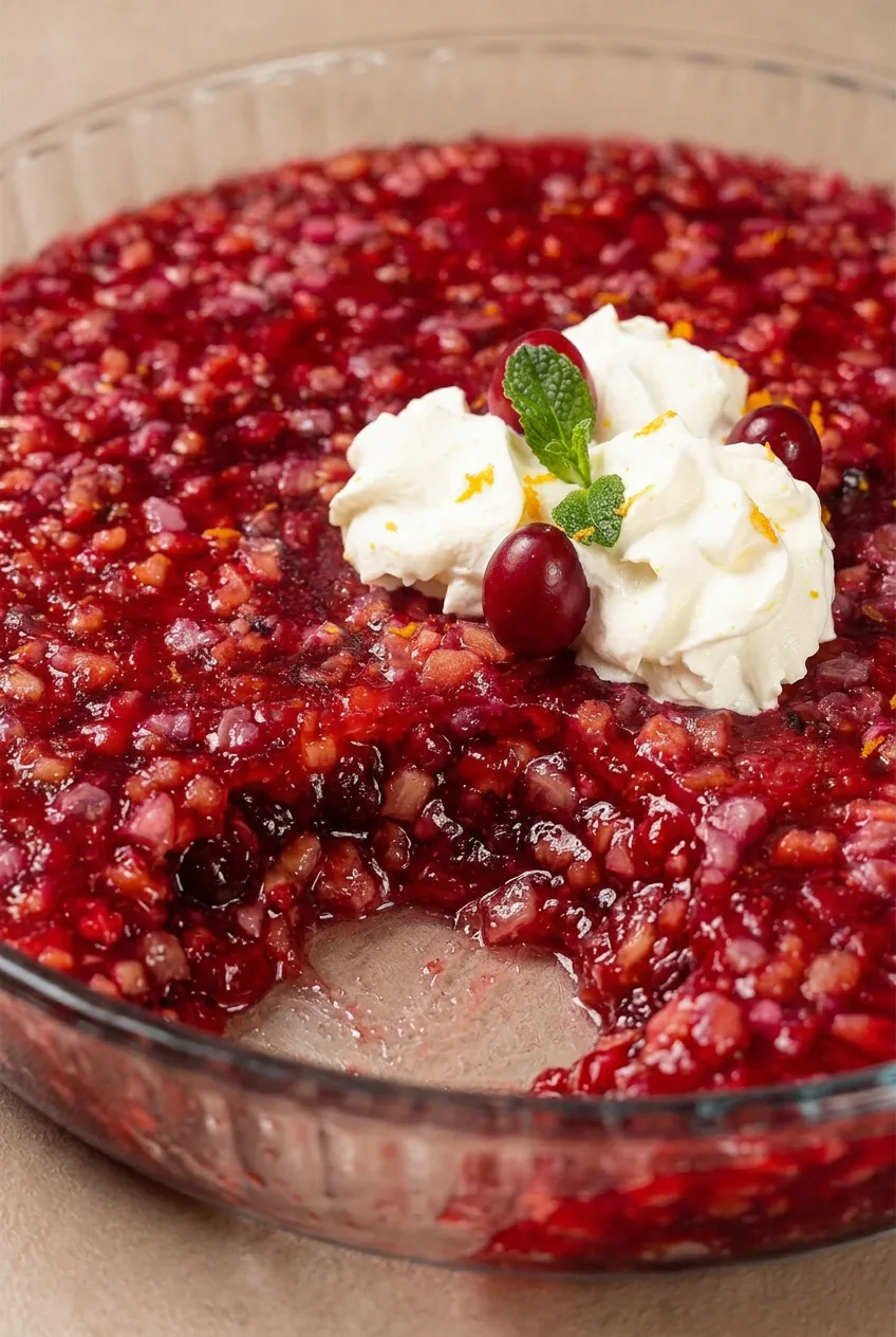Close view of glossy cranberry Jello salad showing suspended cranberry and pineapple pieces beside whipped cream.