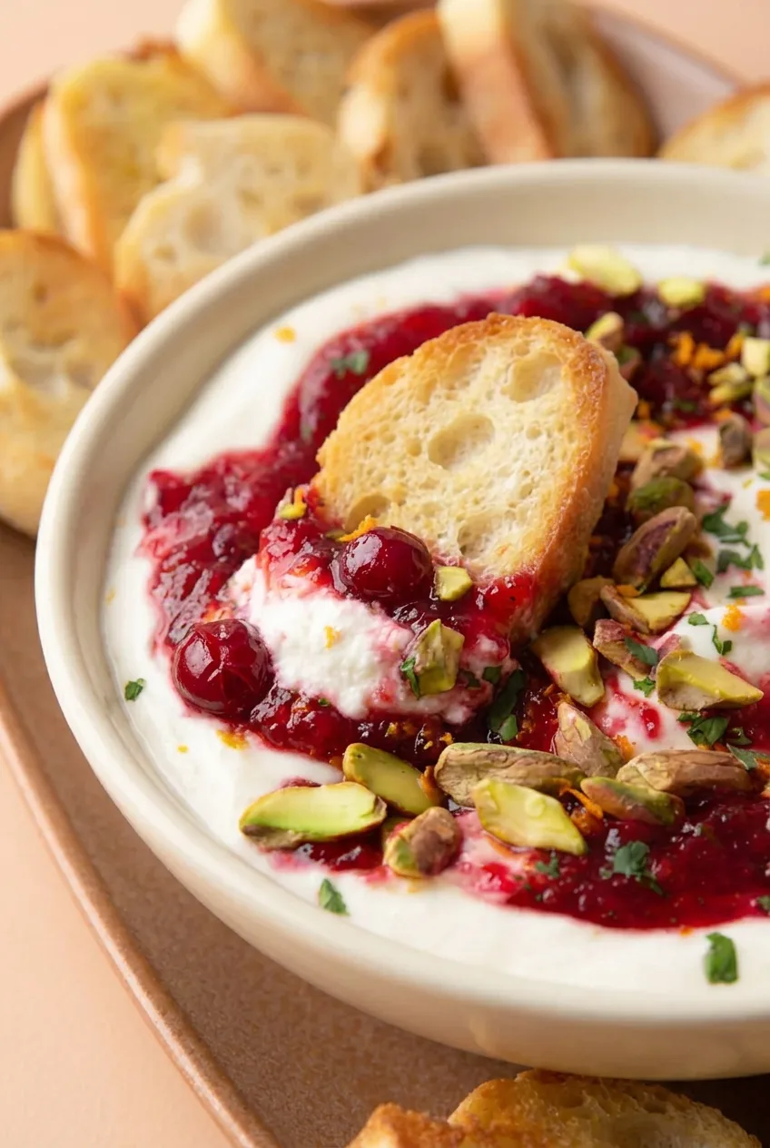 Close view of thick cranberry compote and pistachios over creamy whipped feta with a crostini scoop.