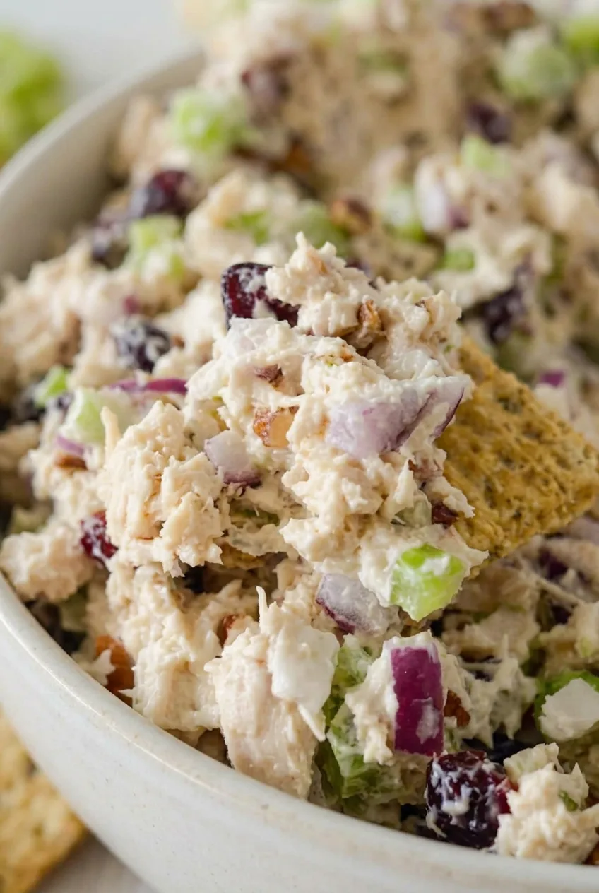 Close view of creamy cranberry pecan chicken salad showing shredded chicken, celery, onion, and pecans