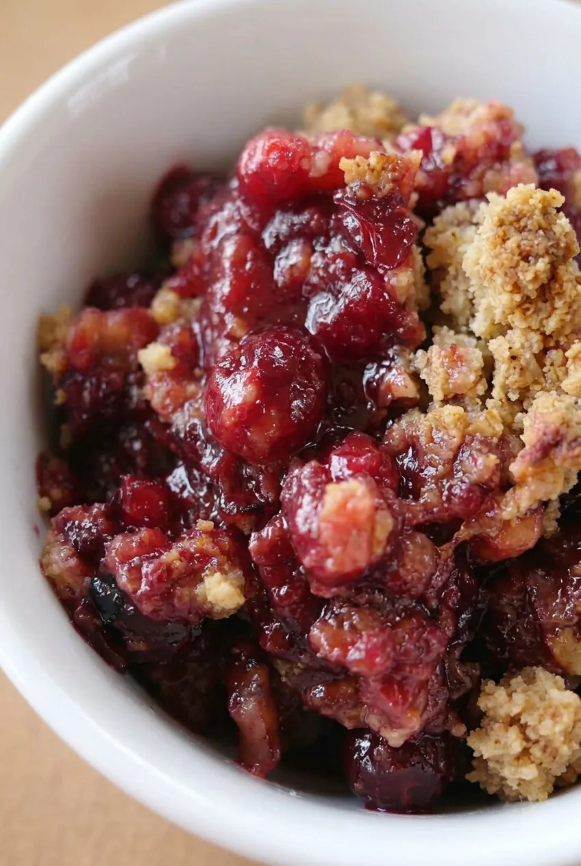 Close detail of glossy burst cranberries and craggy toasted oat-pecan crumble in cranberry orange pecan crisp
